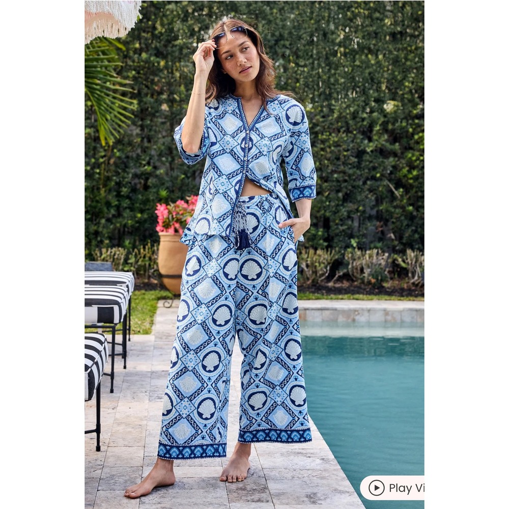 Printfresh Nina Set Tide & Tile Blue Shell Print Cotton Top and Wide Leg Pants